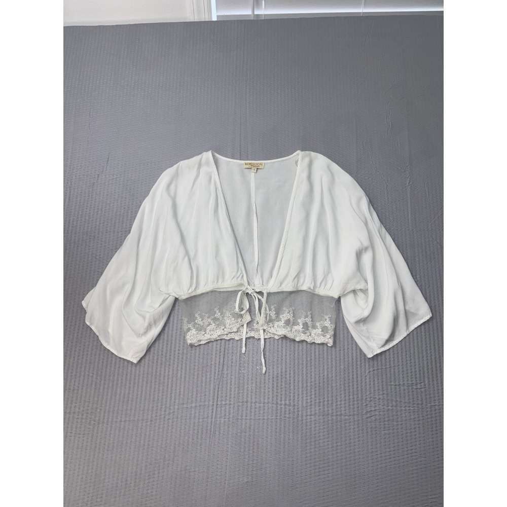 Rebellion Again White Lace Tie Front Crop Top Women's Small Boho Festival 0278 - Picture 2 of 6